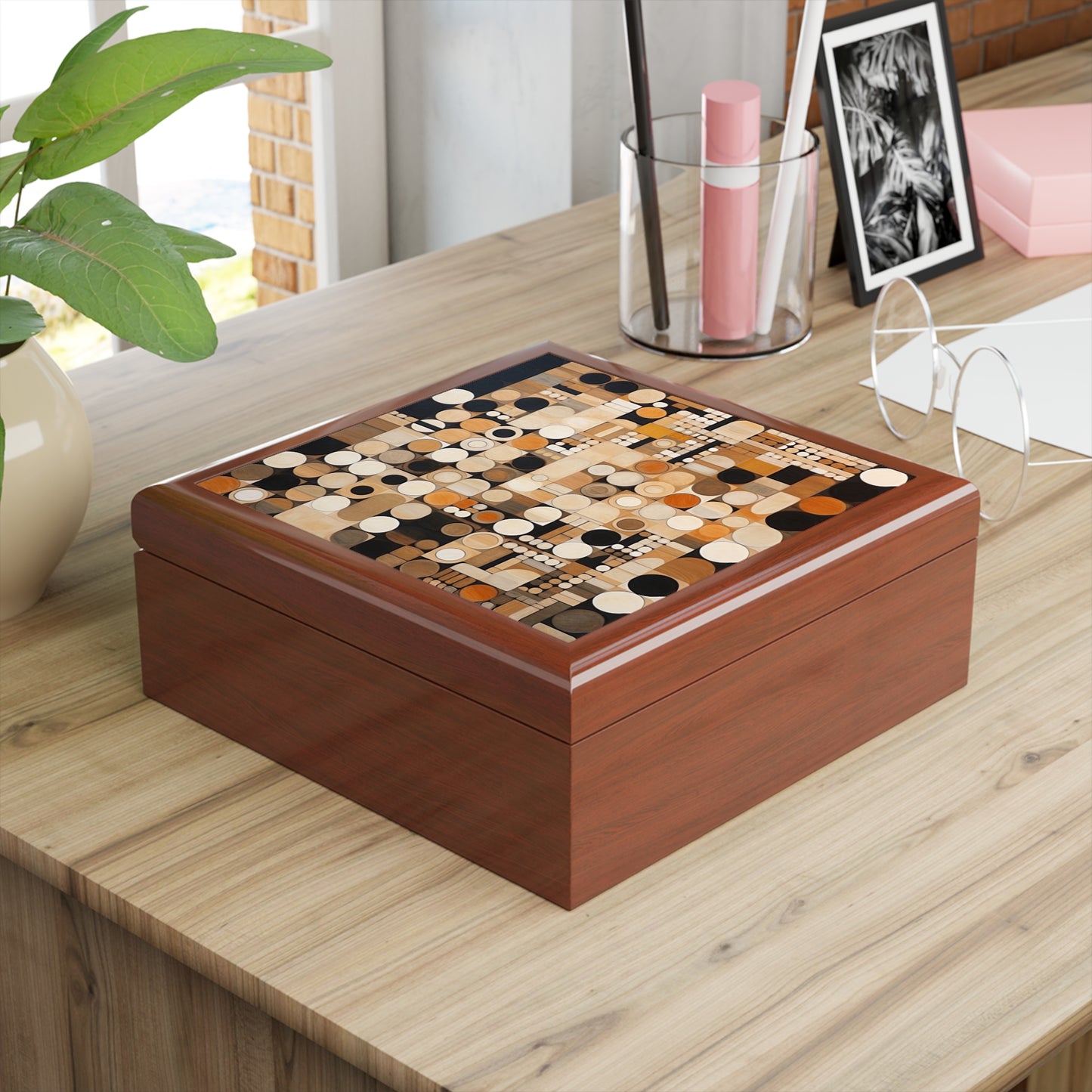 Earthy Geometric Jewelry Box: Wood Veneer Mosaics in Graphic Black and White