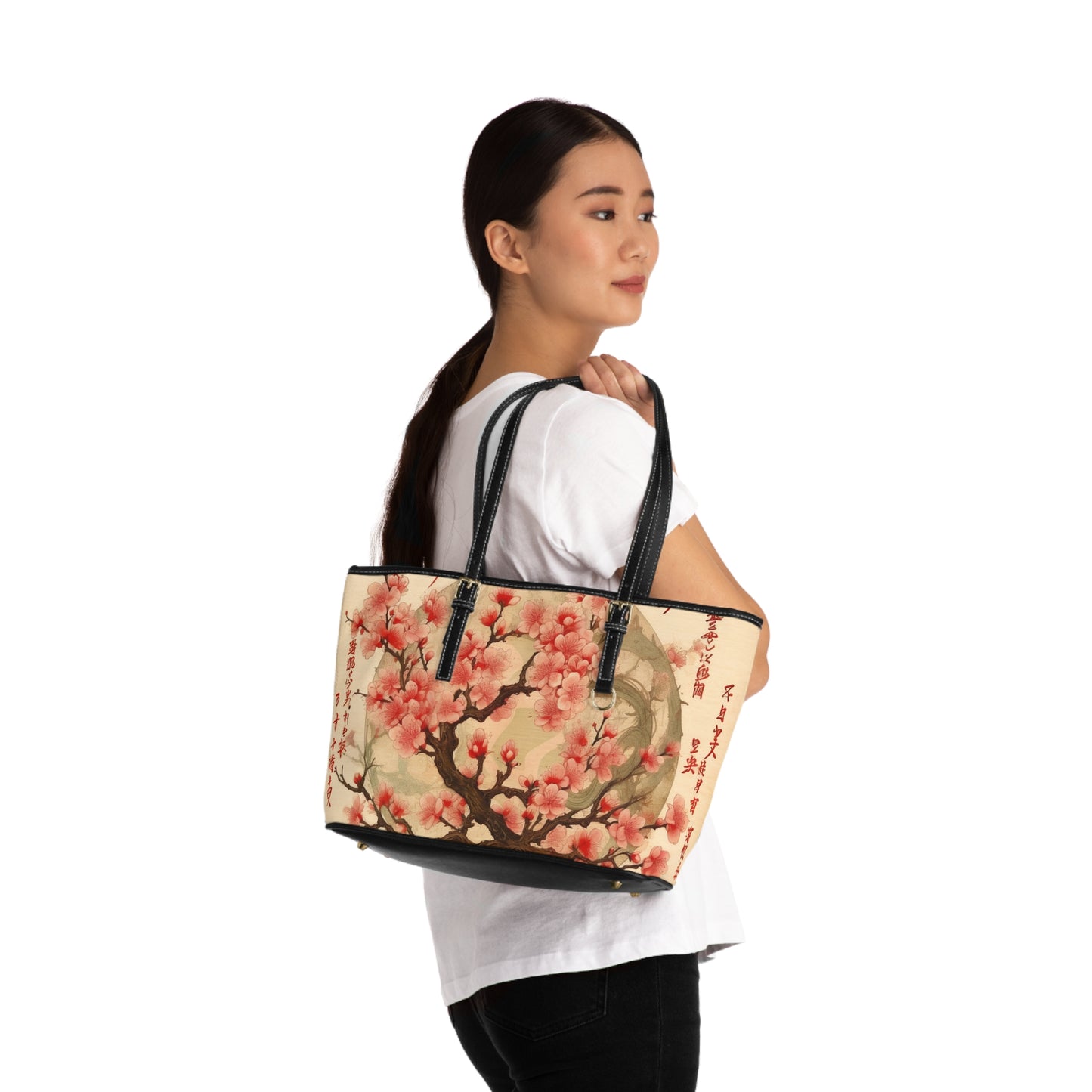 Whimsical Blossom Dreams: PU Leather Shoulder Bag with Delightful Flower Drawings and Cherry Blossoms