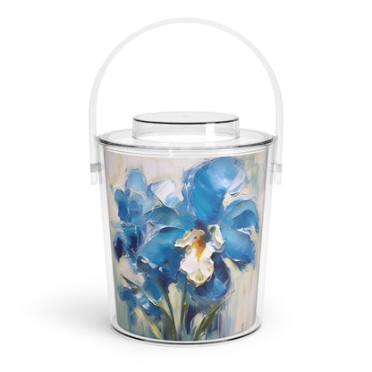 Embrace Artistic Expression with Blue Orchid Abstract Painting Ice Bucket with Tongs