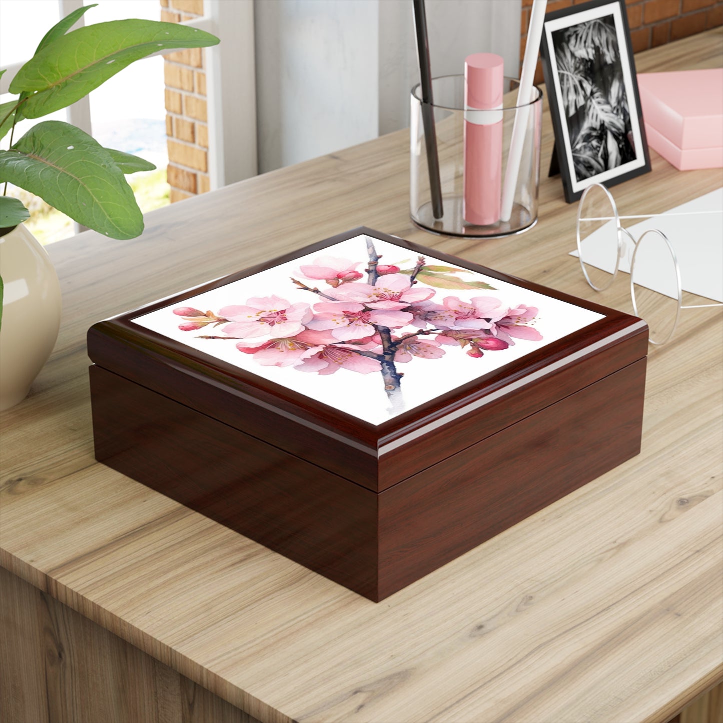 Whimsical Delight: Watercolor Cherry Blossom Tree Jewelry Box