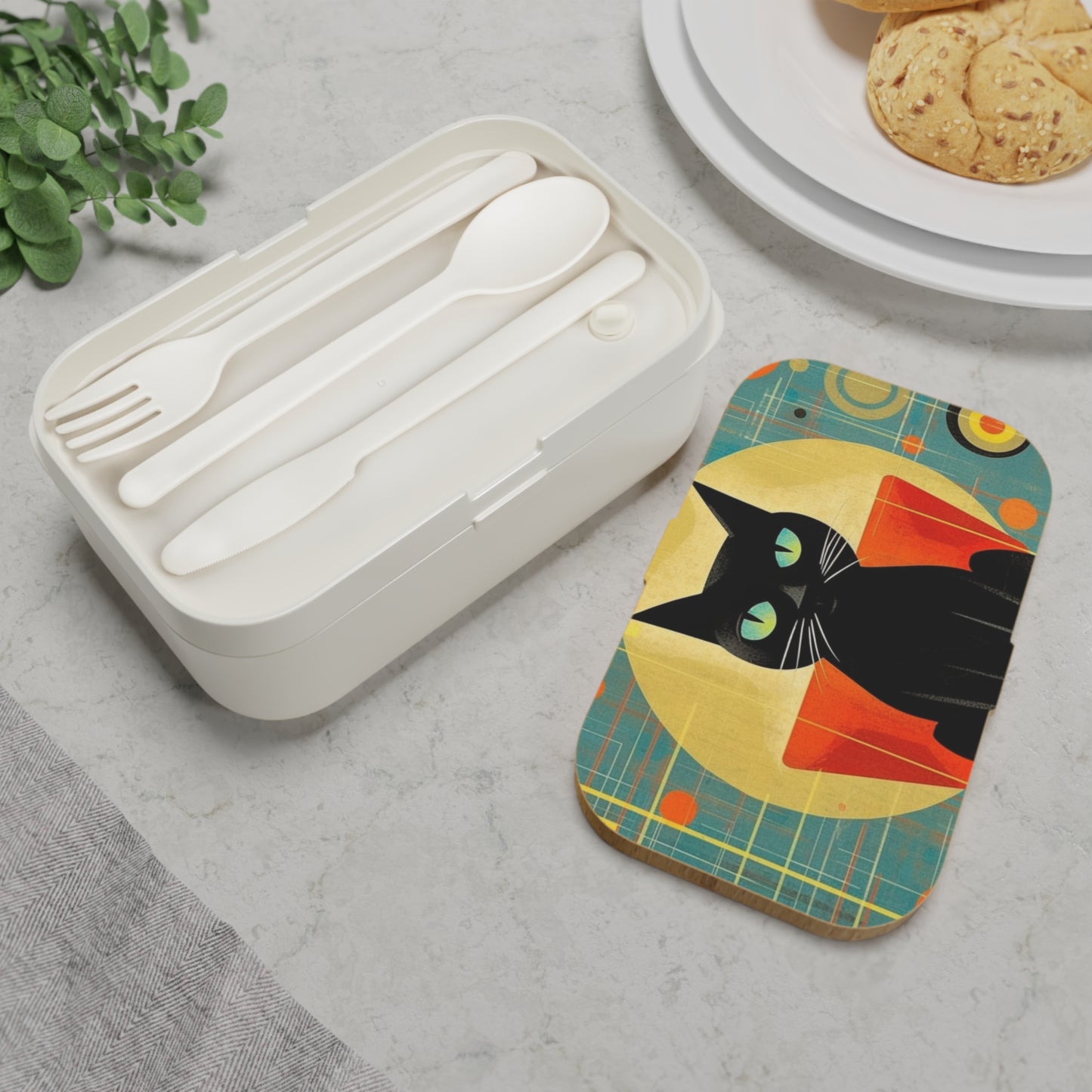 Abstract Cat Expressions: Modern Art-Inspired Midcentury Modern Bento Box with Timeless Atomic Age Design