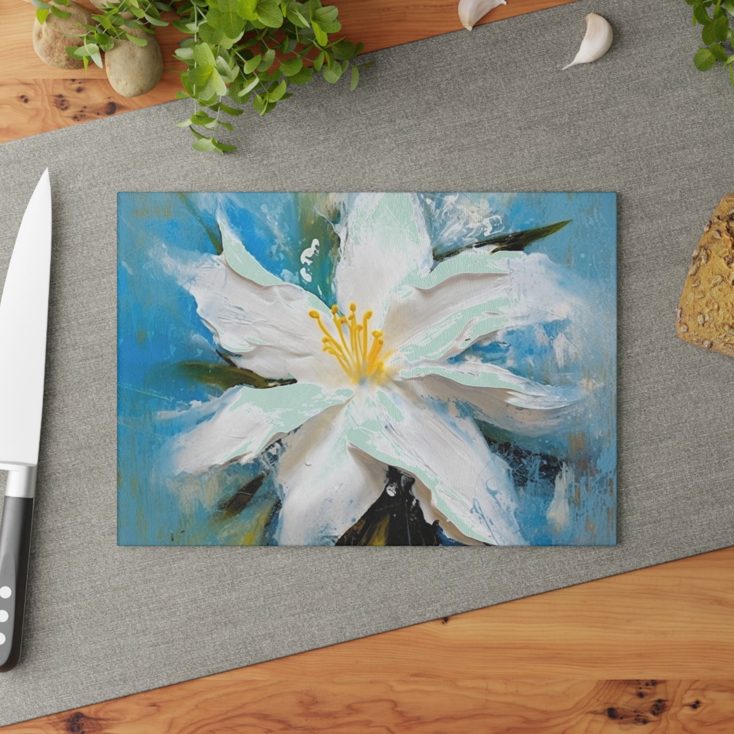 Ethereal Elegance: Glass Cutting Board featuring an Abstract Oil Painting of Jasmine