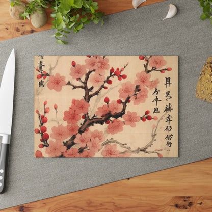 Floral Fusion: Glass Cutting Board Merging Cherry Blossom Beauty and Artistic Flower Drawings