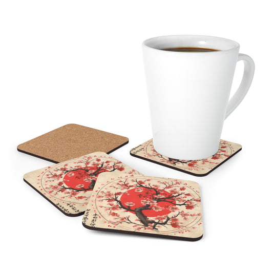 Nature's Brushstrokes: Corkwood Coaster Set Featuring Captivating Cherry Blossom Drawings