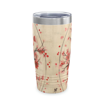 Nature's Brushstrokes: Ringneck Tumbler Featuring Captivating Cherry Blossom Drawings