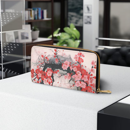 Cherry Blossom Delight: Zipper Wallet Adorned with Intricate Flower Drawings and Artistry