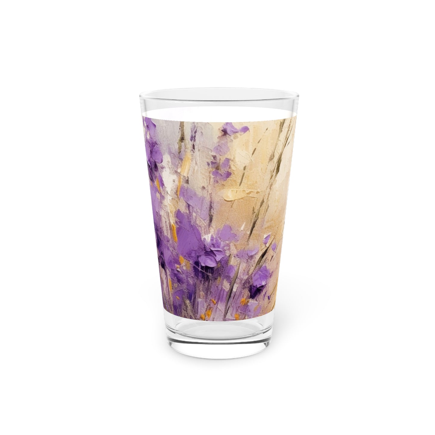 Expressive Lavender Drawing on Pint Glass: A Symphony of Colors and Petals