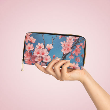 Elegant Floral Impressions: Zipper Wallet Featuring Refined Cherry Blossom Drawings