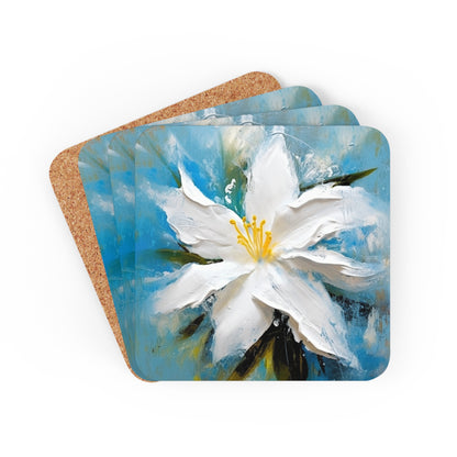 Ethereal Elegance: Corkwood Coaster Set featuring an Abstract Oil Painting of Jasmine