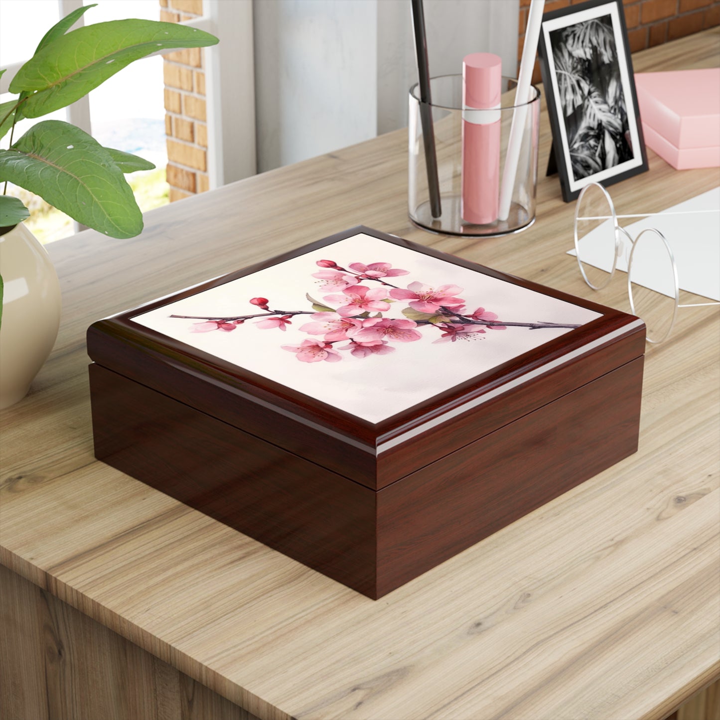 Artistic Flourish: Floral Watercolor Cherry Blossom Jewelry Box