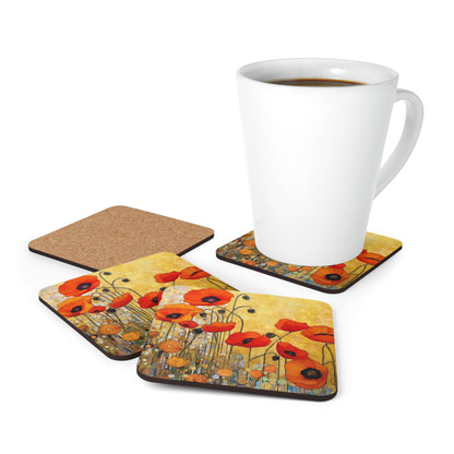 Corkwood Coaster Set Adorned with Gustav Klimt's Poppies