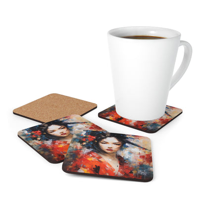 Abstract Geisha Art Corkwood Coaster Set: Captivating Brushstrokes in a Japanese Aesthetic