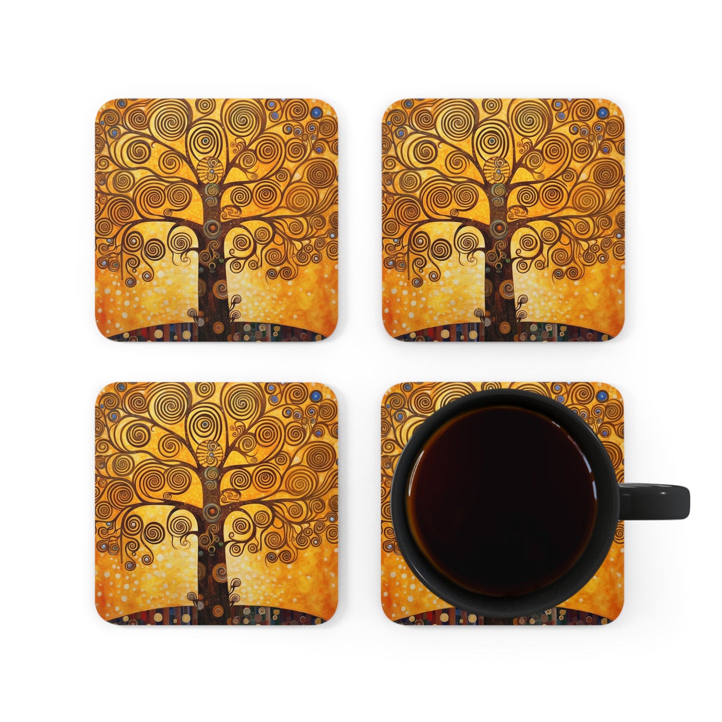 The Tree of Life Corkwood Coaster Set: A Modern Art Tribute to Gustav Klimt