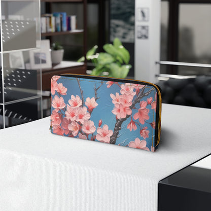 Elegant Floral Impressions: Zipper Wallet Featuring Refined Cherry Blossom Drawings