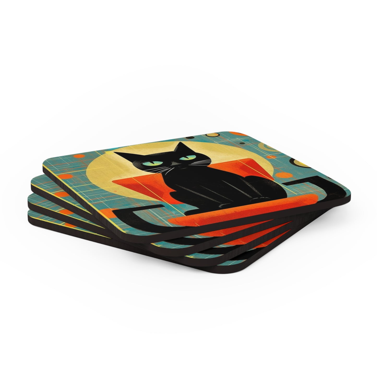 Abstract Cat Expressions: Modern Art-Inspired Midcentury Modern Corkwood Coaster Set with Timeless Atomic Age Design