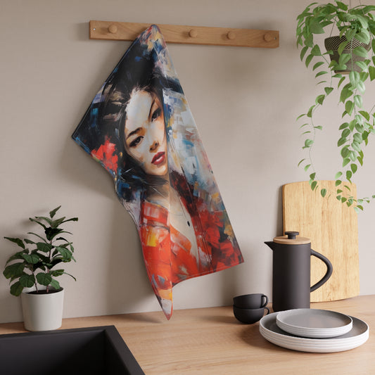 Abstract Geisha Art Kitchen Towel: Captivating Brushstrokes in a Japanese Aesthetic