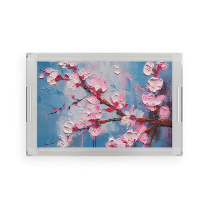 Acrylic Serving Tray with Abstract Cherry Blossom Drawing: Embrace the Serenity