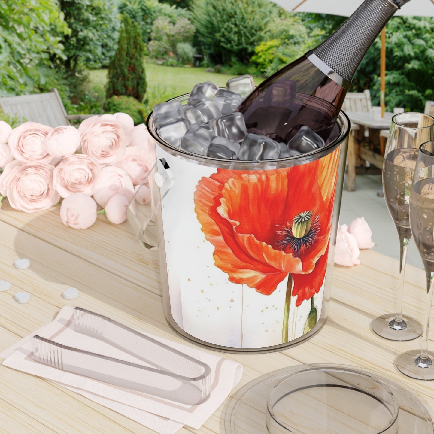 Watercolor Poppy Garden Ice Bucket with Tongs: Unleash the Beauty of Nature