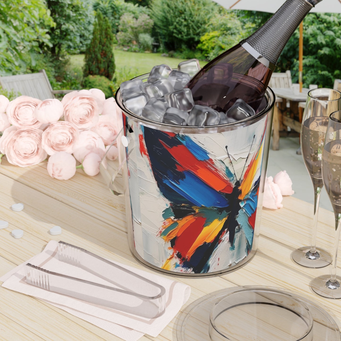 Abstract Ice Bucket with Tongs for Art Lovers: Butterfly-Inspired Delight