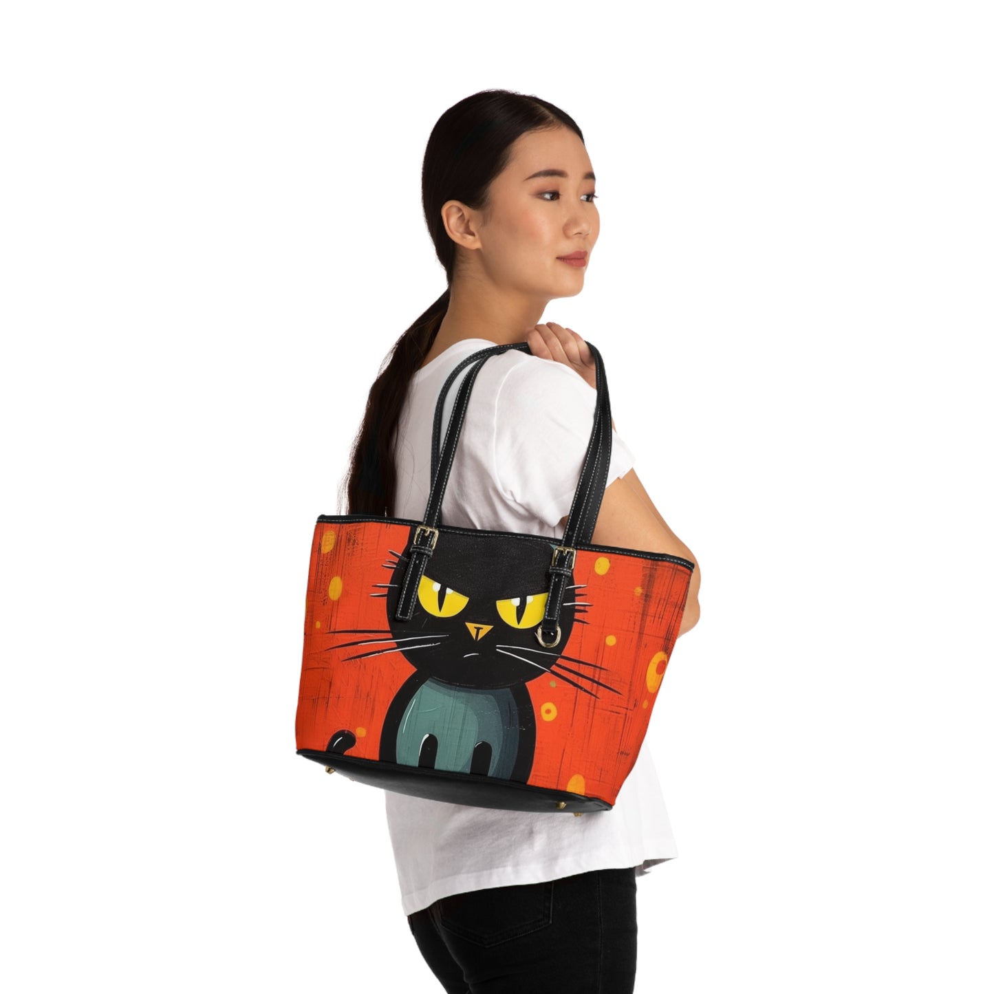 Fashionably Retro Feline: Midcentury Modern PU Leather Shoulder Bag with a Vintage Cat-Inspired Flair