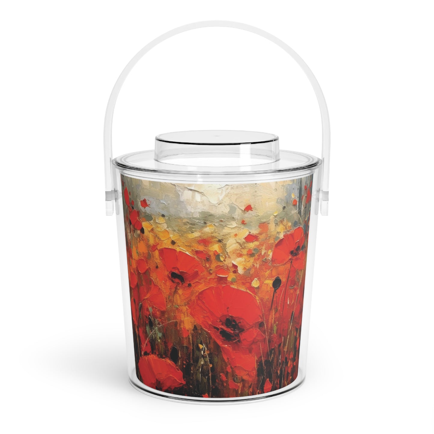 Whimsical Poppy Art on Ice Bucket with Tongs