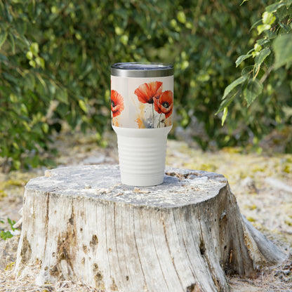 Whimsical Garden: Ringneck Tumbler with Watercolor Poppy Flower Art