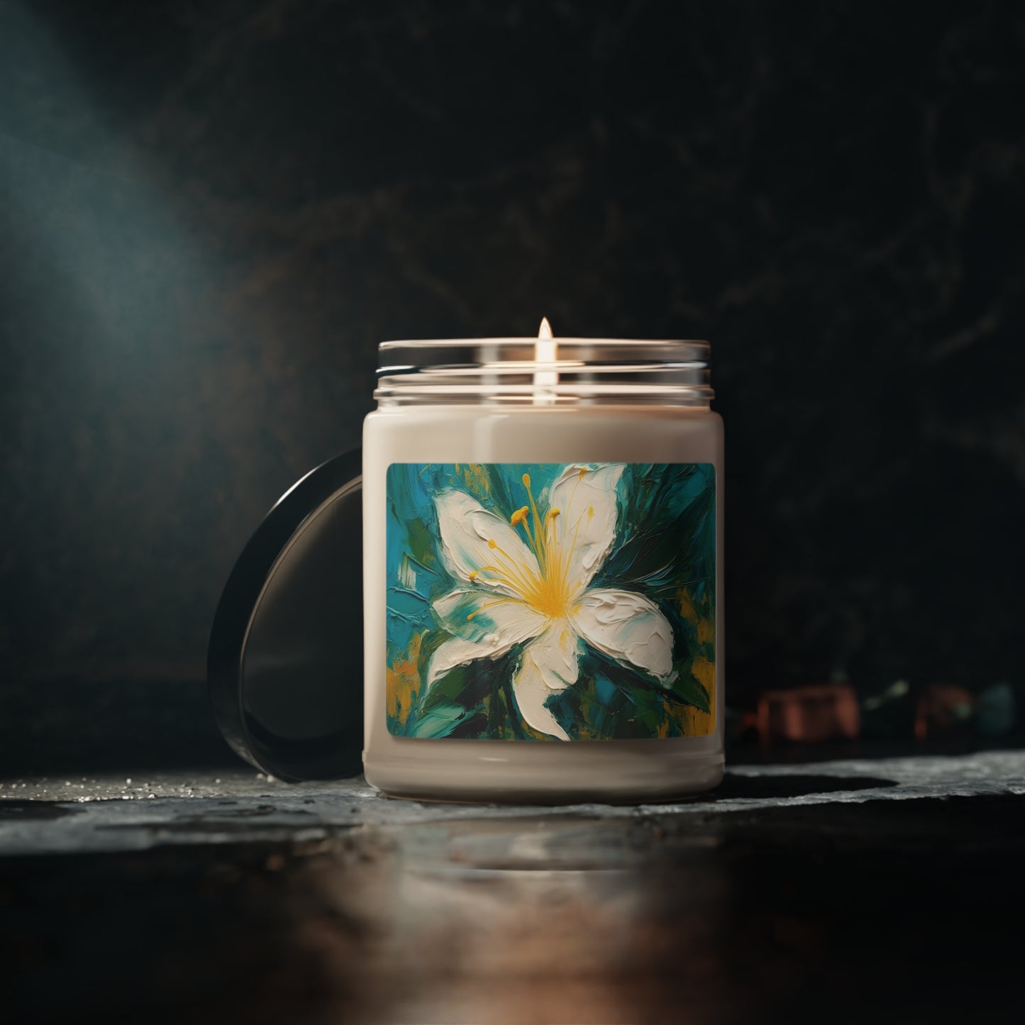 Floral Symphony: Scented Soy Candle featuring an Abstract Oil Painting of Jasmine