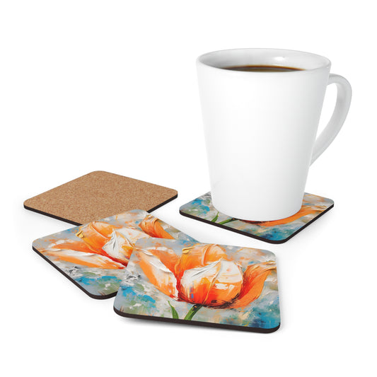 Corkwood Coaster Set with Vibrant Orange Tulip: Embrace the Beauty of Nature