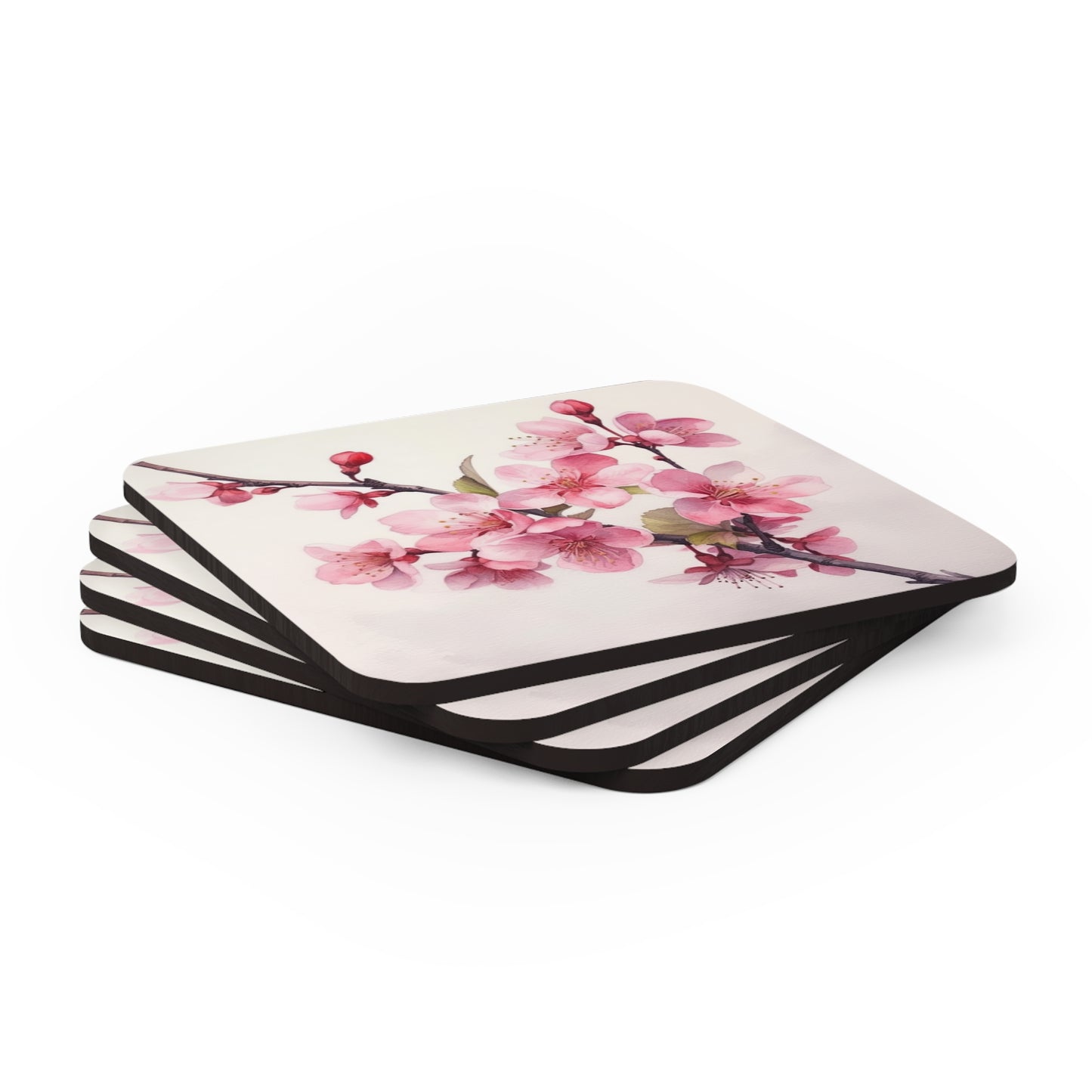 Artistic Flourish: Floral Watercolor Cherry Blossom Corkwood Coaster Set