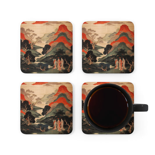 Custom Japanese Tapestry on a Corkwood Coaster Set - Unique Artistic Expression