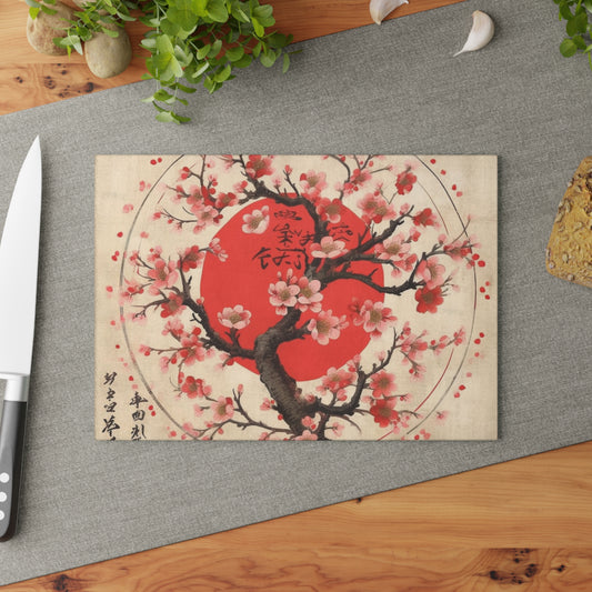 Nature's Brushstrokes: Glass Cutting Board Featuring Captivating Cherry Blossom Drawings