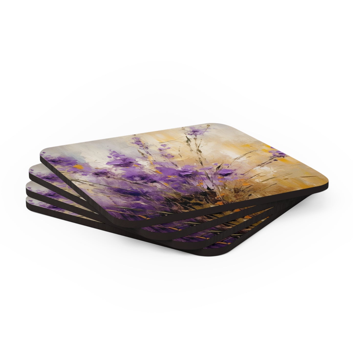 Expressive Lavender Drawing on Corkwood Coaster Set: A Symphony of Colors and Petals