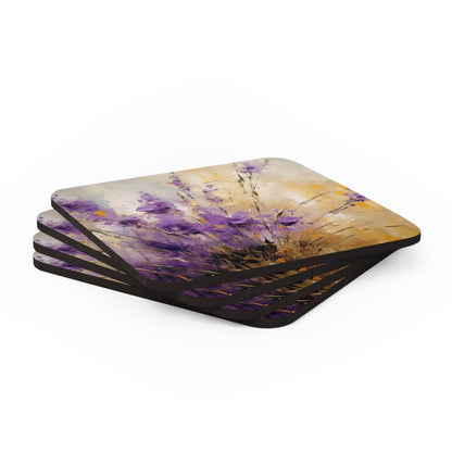 Expressive Lavender Drawing on Corkwood Coaster Set: A Symphony of Colors and Petals