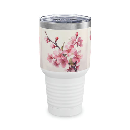 Artistic Elegance: Ringneck Tumbler with Watercolor Drawing of a Cherry Blossom