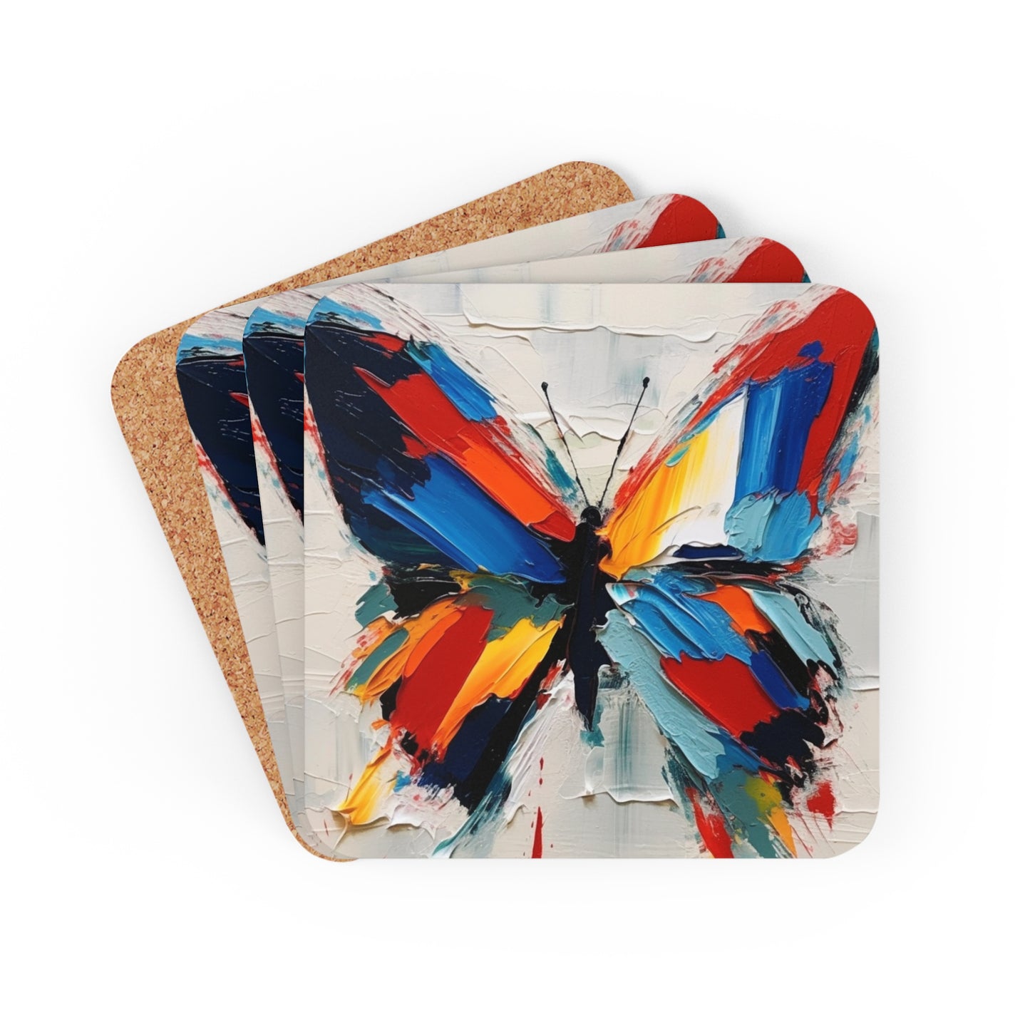 Abstract Corkwood Coaster Set for Art Lovers: Butterfly-Inspired Delight