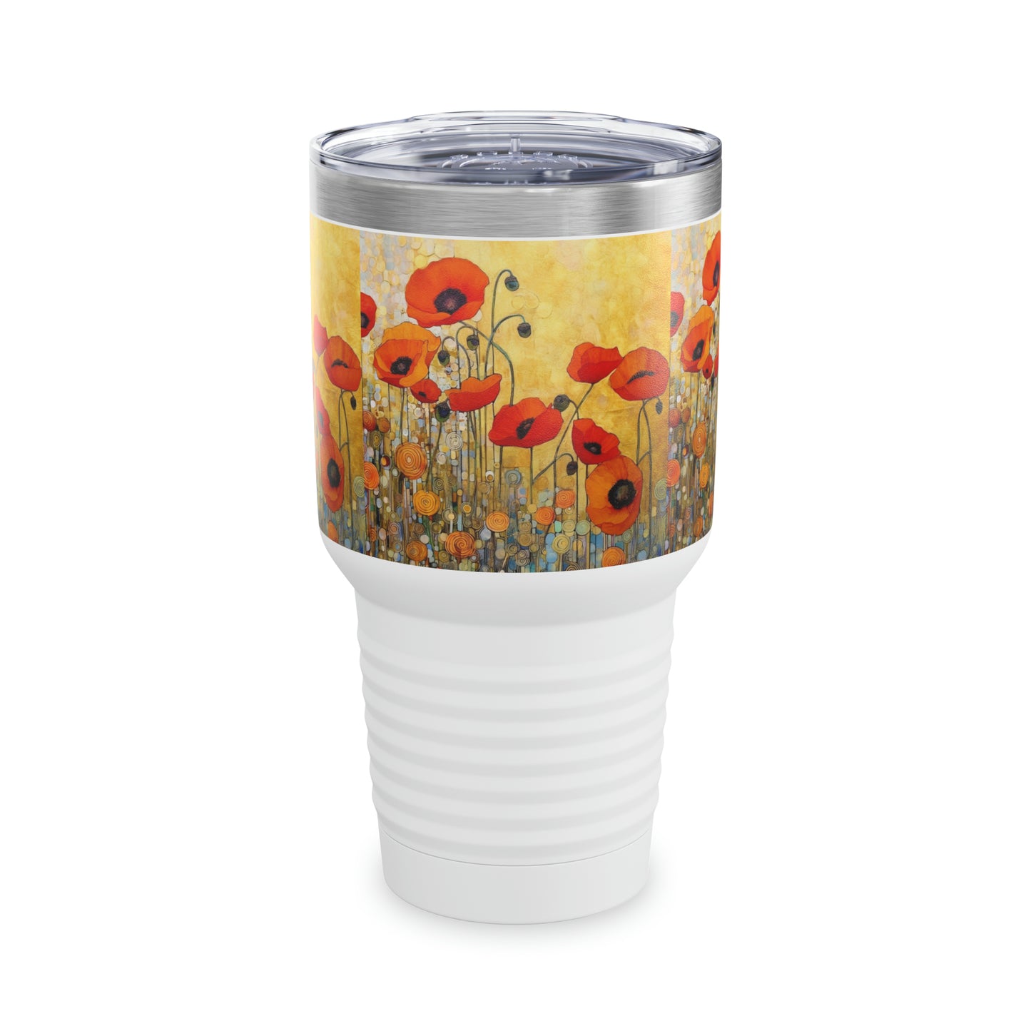 Sip in Style: Ringneck Tumbler Adorned with Gustav Klimt's Inspired Poppies