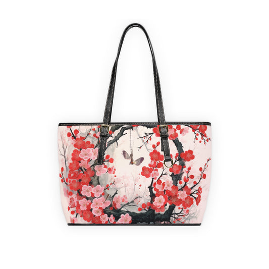 Cherry Blossom Delight: PU Leather Shoulder Bag Adorned with Intricate Flower Drawings and Artistry