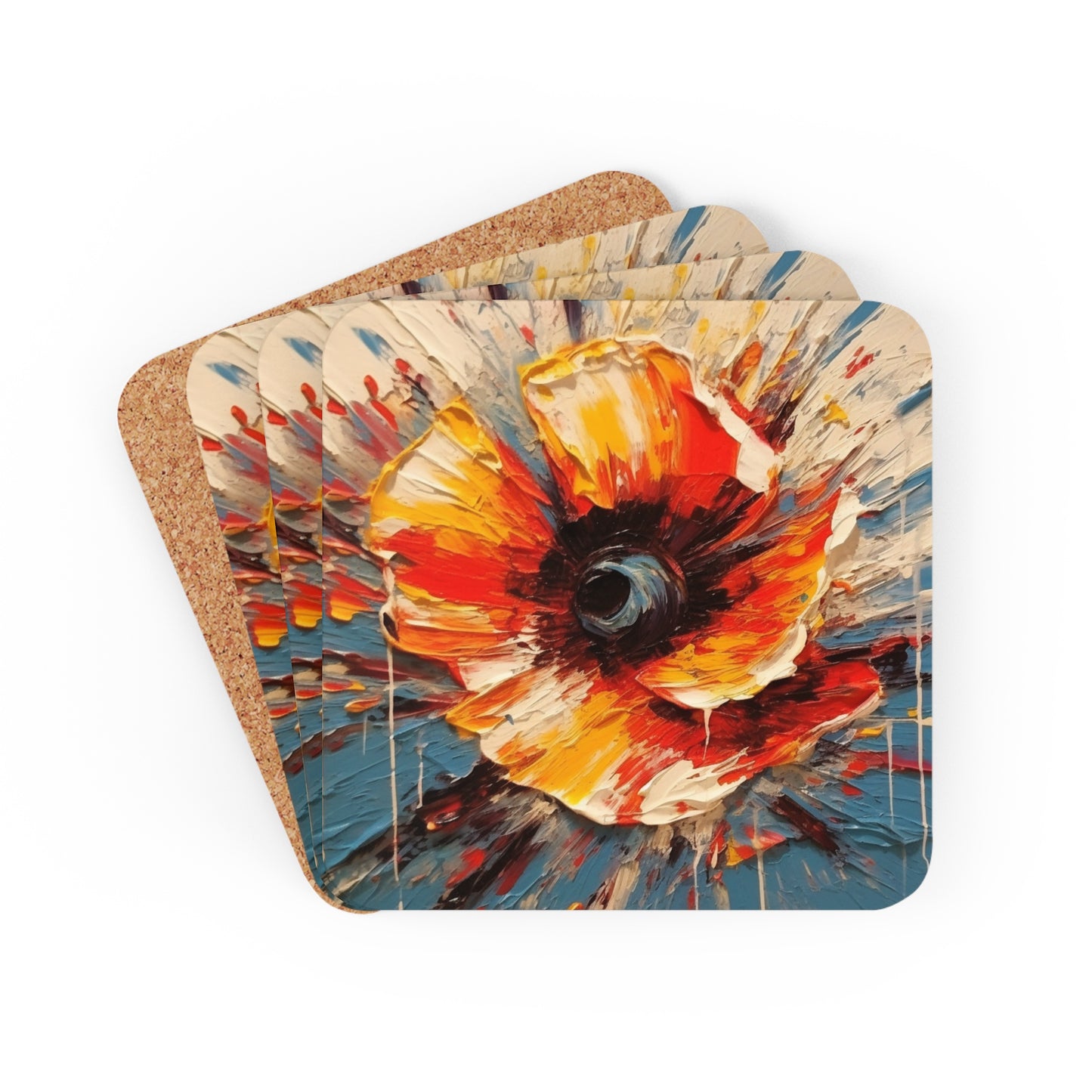 Poppy Symphony: Corkwood Coaster Set with Abstract Floral Artwork