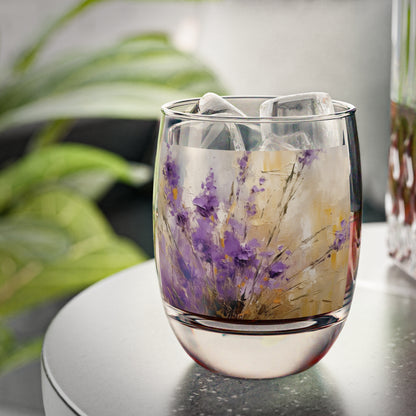 Expressive Lavender Drawing on Whiskey Glass: A Symphony of Colors and Petals