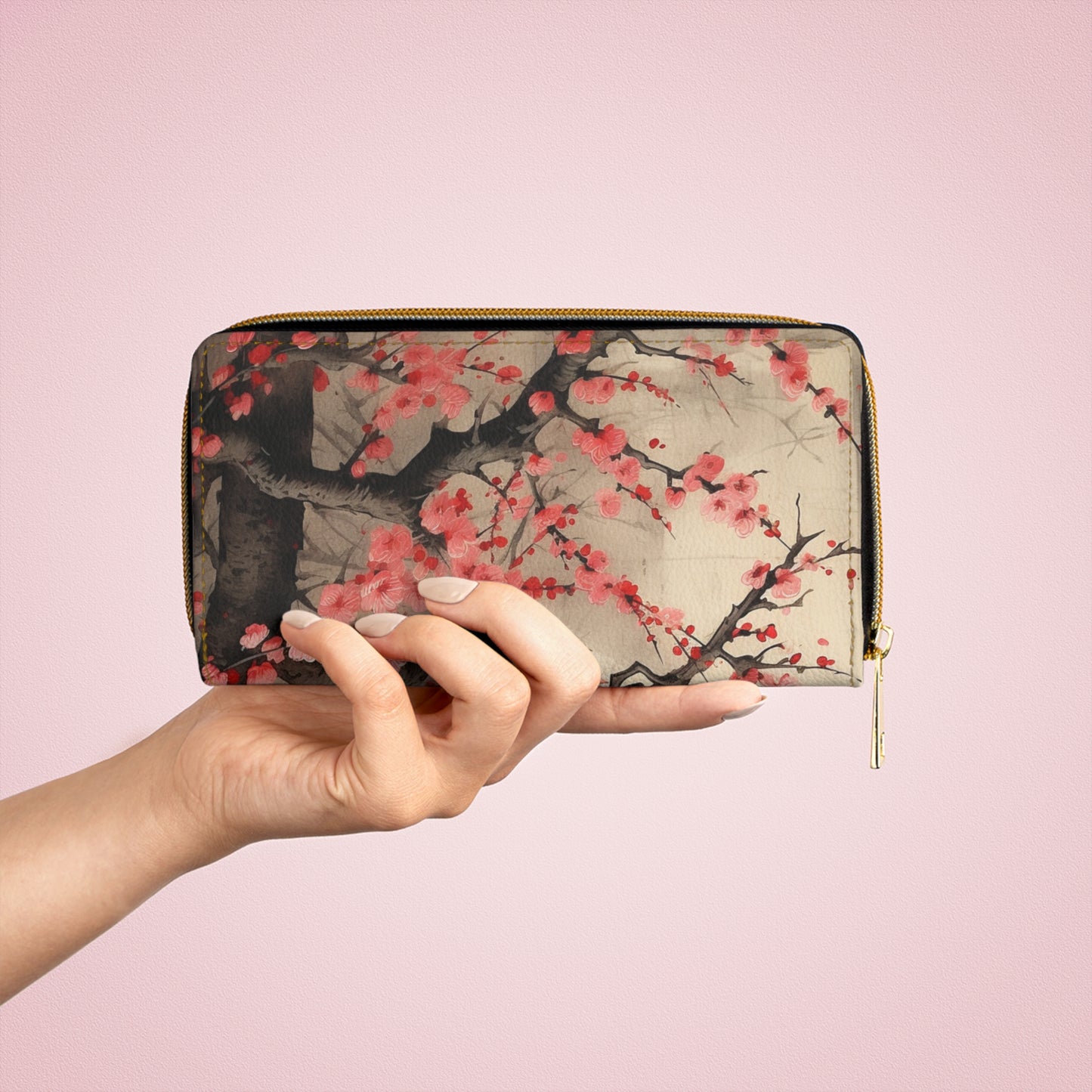 Radiant Blossom Revival: Zipper Wallet Showcasing Vibrant Cherry Blossom Art and Drawings