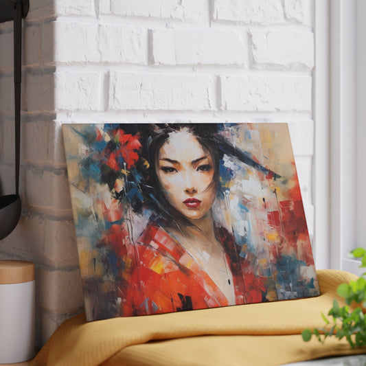 Abstract Geisha Art Glass Cutting Board: Captivating Brushstrokes in a Japanese Aesthetic