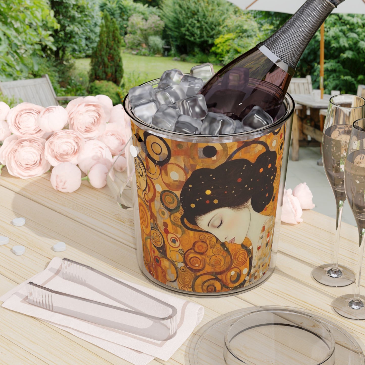 Gustav Klimt Inspired Ice Bucket with Tongs: A Tribute to the Iconic Art of the Vienna Secession