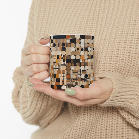 Earthy Grid Ceramic Mug: Graphic Black and White with Earthy Palette