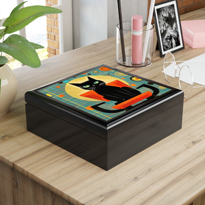 Abstract Cat Expressions: Modern Art-Inspired Midcentury Modern Jewelry Box with Timeless Atomic Age Design