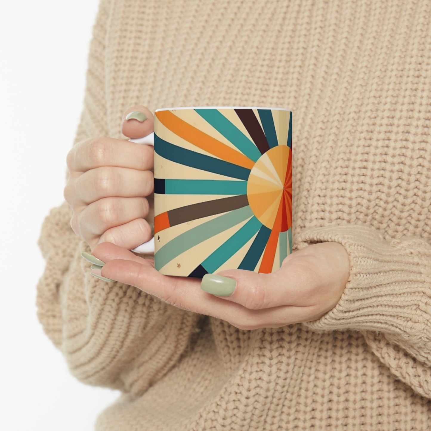 Swinging Sixties: 1960s Fashion-Inspired Coffee Mug with Abstract Art and Starburst Candy Colors