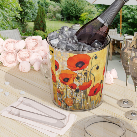 Elevate Your Sip:  Ice Bucket with Tongs Adorned with Gustav Klimt's Poppies