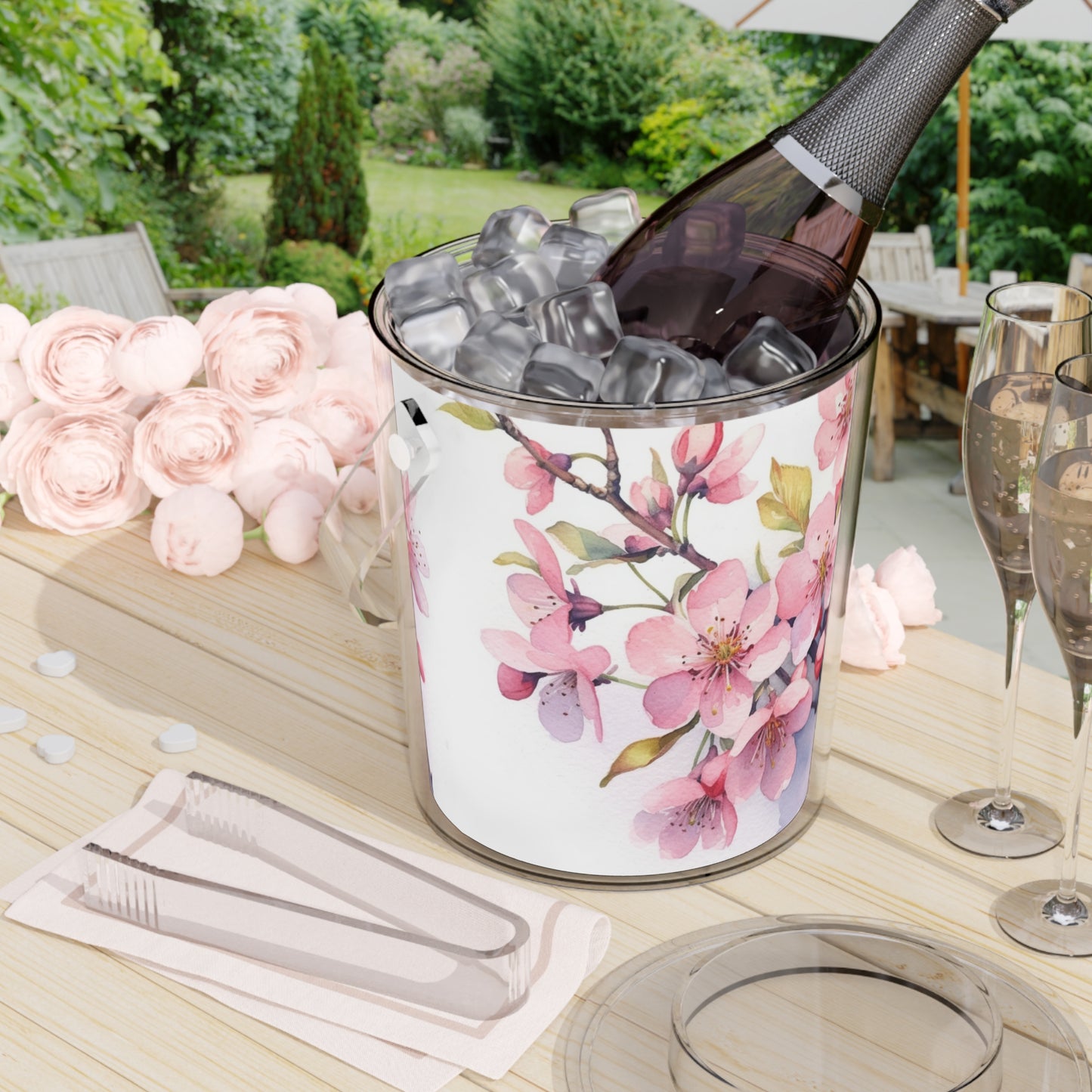 Cherry Blossom Delight: Floral Watercolor Ice Bucket with Tongs