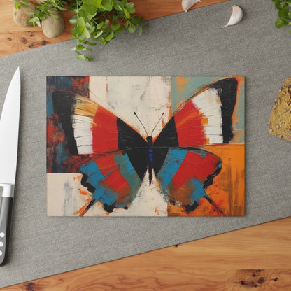 Bauhaus-Inspired Butterfly Symphony: Glass Cutting Board with Vibrant Colors and Intricate Details