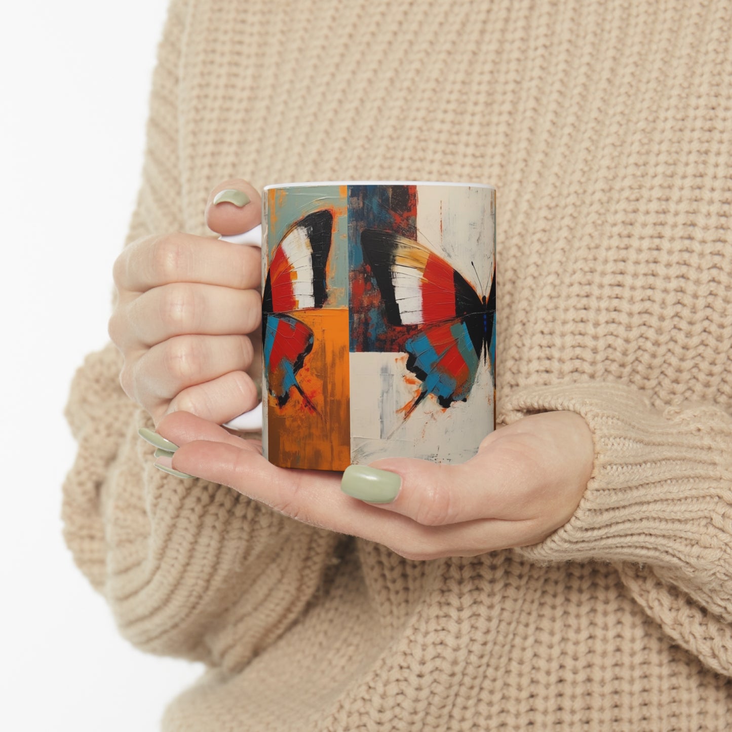 Bauhaus Butterfly Symphony: Ceramic Mug with Vibrant Colors and Intricate Details