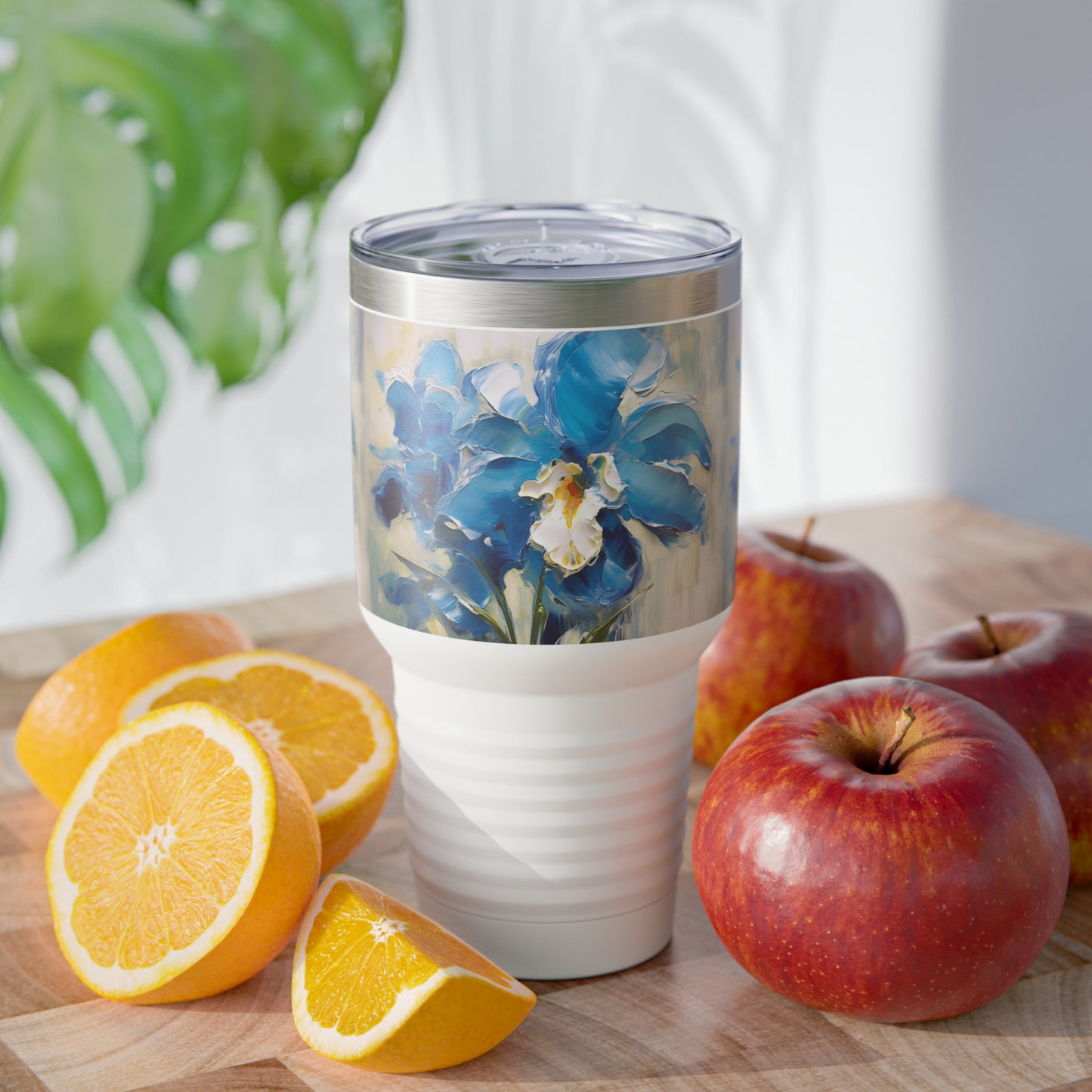 Vibrant Brushwork: Blue Orchid Abstract Painting Ringneck Tumbler, Embrace the Power of Artistic Expression